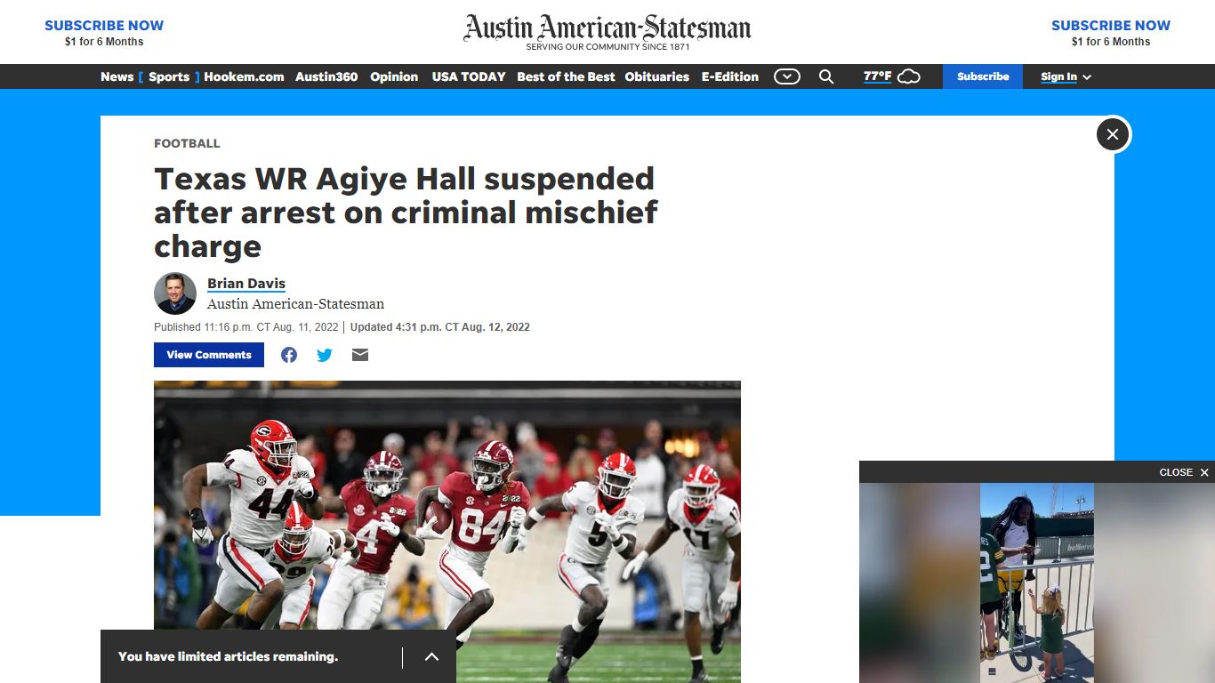 Texas WR Agiye Hall arrested for criminal mischief